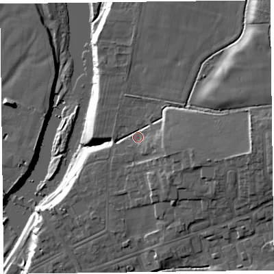 Shaded relief map of the ground around CA65NT, computed from Environment Agency LiDAR. The ground here sits at about 19 m above sea level and falls 18 m across the surrounding 800 m. Surface water reaching this point runs off ground lying to the east-south-east, 5.5 m higher.