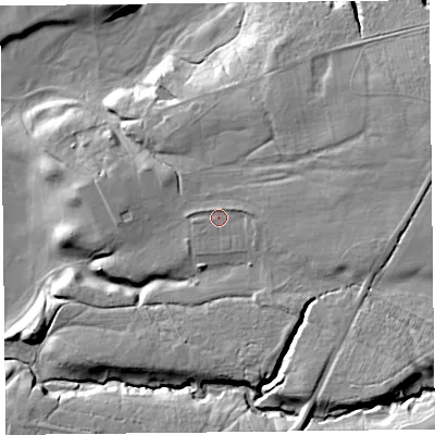 Shaded relief map of the ground around CA65PR, computed from Environment Agency LiDAR. The ground here sits at about 39 m above sea level and falls 36 m across the surrounding 800 m. Surface water reaching this point runs off ground lying to the east-south-east, 9.2 m higher.