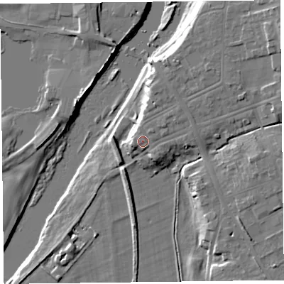Shaded relief map of the ground around CA65PT, computed from Environment Agency LiDAR. The ground here sits at about 17 m above sea level and falls 15 m across the surrounding 800 m. Surface water reaching this point runs off ground lying to the north-east, 2.6 m higher.