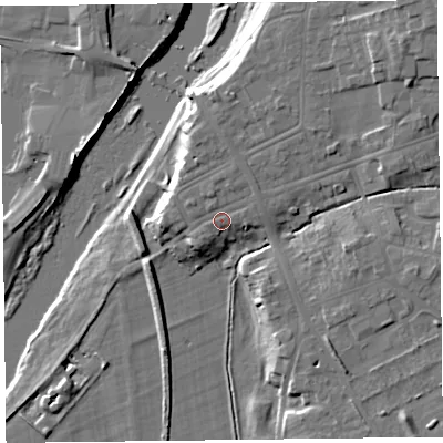 Shaded relief map of the ground around CA65PU, computed from Environment Agency LiDAR. The ground here sits at about 17 m above sea level and falls 16 m across the surrounding 800 m. Surface water reaching this point runs off ground lying to the north-north-west, 1.2 m higher.