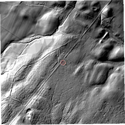 Shaded relief map of the ground around CA65QW, computed from Environment Agency LiDAR. The ground here sits at about 201 m above sea level and falls 37 m across the surrounding 800 m. Surface water reaching this point runs off ground lying to the west-south-west, 0.9 m higher.