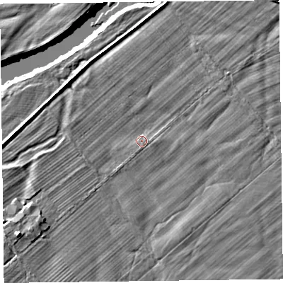 Shaded relief map of the ground around CA65SL, computed from Environment Agency LiDAR. The ground here sits at about 8 m above sea level and falls 5 m across the surrounding 800 m. Surface water reaching this point runs off ground lying to the north-east, 1.8 m higher.