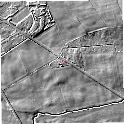 Shaded relief map of the ground around CA65TN, computed from Environment Agency LiDAR. The ground here sits at about 20 m above sea level and falls 11 m across the surrounding 800 m. Surface water reaching this point runs off ground lying to the east-north-east, 0.9 m higher.