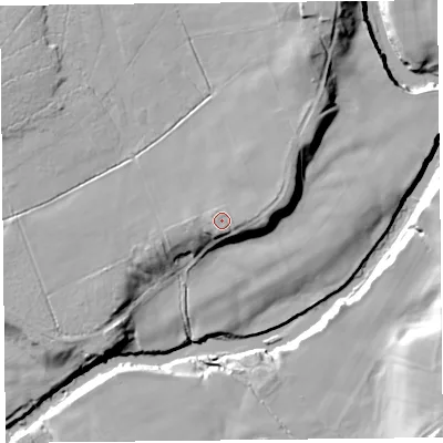Shaded relief map of the ground around CA65TS, computed from Environment Agency LiDAR. The ground here sits at about 31 m above sea level and falls 23 m across the surrounding 800 m. Surface water reaching this point runs off ground lying to the east, 0.6 m higher.