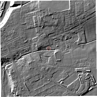 Shaded relief map of the ground around CA65UX, computed from Environment Agency LiDAR. The ground here sits at about 18 m above sea level and falls 18 m across the surrounding 800 m. Surface water reaching this point runs off ground lying to the north-east, 9.9 m higher.