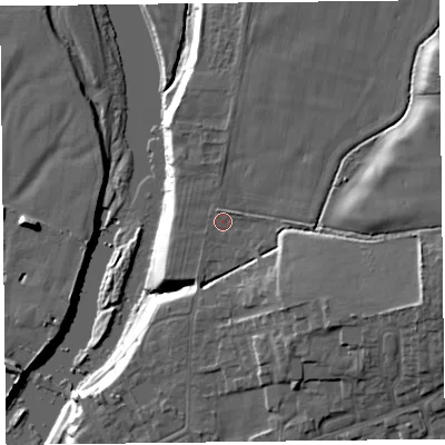 Shaded relief map of the ground around CA65XJ, computed from Environment Agency LiDAR. The ground here sits at about 19 m above sea level and falls 18 m across the surrounding 800 m. Surface water reaching this point runs off ground lying to the north-east, 7.9 m higher.
