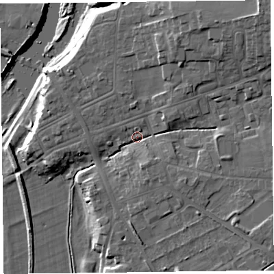Shaded relief map of the ground around CA65XN, computed from Environment Agency LiDAR. The ground here sits at about 17 m above sea level and falls 18 m across the surrounding 800 m. Surface water reaching this point runs off ground lying to the north-east, 11.3 m higher.
