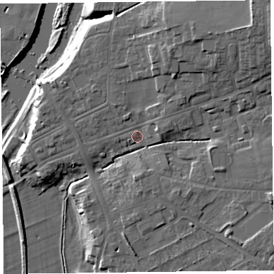 Shaded relief map of the ground around CA65XW, computed from Environment Agency LiDAR. The ground here sits at about 18 m above sea level and falls 17 m across the surrounding 800 m. Surface water reaching this point runs off ground lying to the north-east, 8.3 m higher.