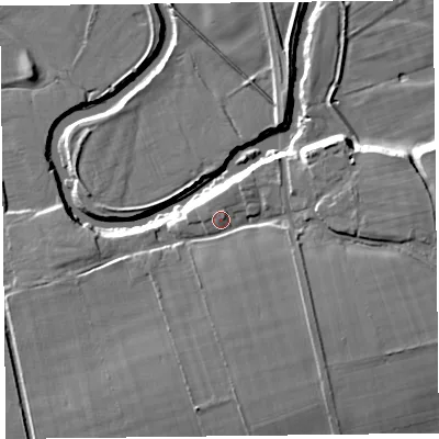 Shaded relief map of the ground around CA66AA, computed from Environment Agency LiDAR. The ground here sits at about 15 m above sea level and falls 11 m across the surrounding 800 m. Surface water reaching this point runs off ground lying to the south-east, 6.0 m higher.