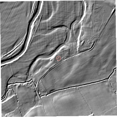 Shaded relief map of the ground around CA66AF, computed from Environment Agency LiDAR. The ground here sits at about 14 m above sea level and falls 9 m across the surrounding 800 m. Surface water reaching this point runs off ground lying to the north-east, 0.8 m higher.