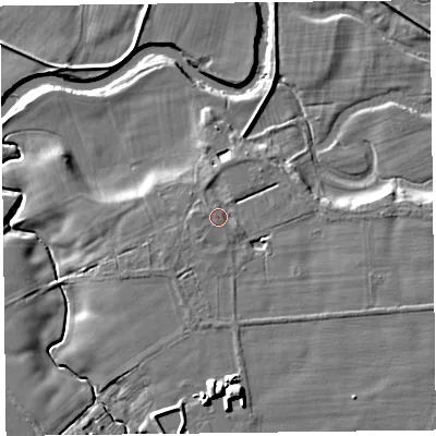 Shaded relief map of the ground around CA66AH, computed from Environment Agency LiDAR. The ground here sits at about 11 m above sea level and falls 11 m across the surrounding 800 m. Surface water reaching this point runs off ground lying to the east-south-east, 2.4 m higher.
