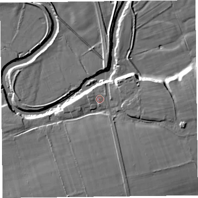 Shaded relief map of the ground around CA66AP, computed from Environment Agency LiDAR. The ground here sits at about 15 m above sea level and falls 12 m across the surrounding 800 m. Surface water reaching this point runs off ground lying to the north-east, 1.4 m higher.