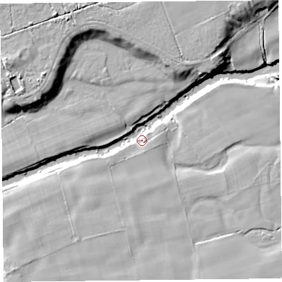 Shaded relief map of the ground around CA66DB, computed from Environment Agency LiDAR. The ground here sits at about 19 m above sea level and falls 16 m across the surrounding 800 m. Surface water reaching this point runs off ground lying to the south-south-east, 7.2 m higher.
