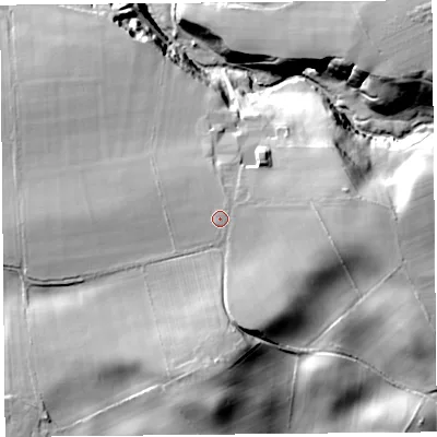 Shaded relief map of the ground around CA66DN, computed from Environment Agency LiDAR. The ground here sits at about 74 m above sea level and falls 33 m across the surrounding 800 m. Surface water reaching this point runs off ground lying to the east-south-east, 8.0 m higher.