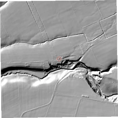 Shaded relief map of the ground around CA66DW, computed from Environment Agency LiDAR. The ground here sits at about 53 m above sea level and falls 24 m across the surrounding 800 m. Surface water reaching this point runs off ground lying to the north-east, 1.1 m higher.