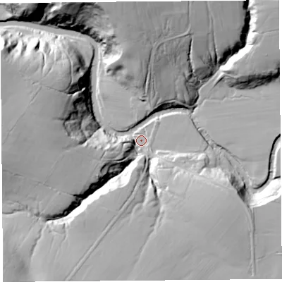 Shaded relief map of the ground around CA66LH, computed from Environment Agency LiDAR. The ground here sits at about 89 m above sea level and falls 51 m across the surrounding 800 m. Surface water reaching this point runs off ground lying to the south-west, 46.9 m higher.