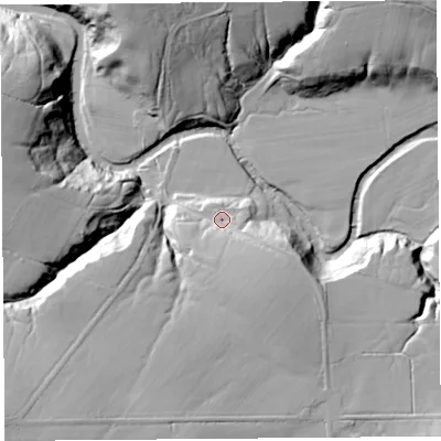 Shaded relief map of the ground around CA66LQ, computed from Environment Agency LiDAR. The ground here sits at about 97 m above sea level and falls 45 m across the surrounding 800 m. Surface water reaching this point runs off ground lying to the south-south-east, 14.2 m higher.