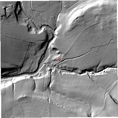 Shaded relief map of the ground around CA66NT, computed from Environment Agency LiDAR. The ground here sits at about 117 m above sea level and falls 43 m across the surrounding 800 m. Surface water reaching this point runs off ground lying to the north-east, 26.9 m higher.