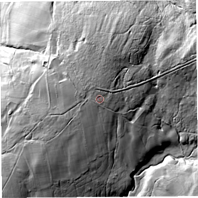 Shaded relief map of the ground around CA66PH, computed from Environment Agency LiDAR. The ground here sits at about 219 m above sea level and falls 50 m across the surrounding 800 m. Surface water reaching this point runs off ground lying to the north, 3.0 m higher.