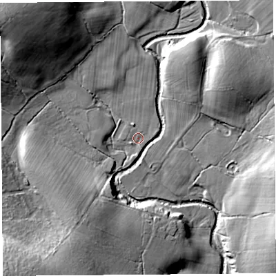 Shaded relief map of the ground around CA66PJ, computed from Environment Agency LiDAR. The ground here sits at about 142 m above sea level and falls 33 m across the surrounding 800 m. Surface water reaching this point runs off ground lying to the north, 5.5 m higher.