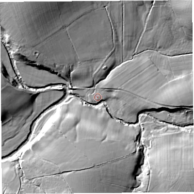 Shaded relief map of the ground around CA66PR, computed from Environment Agency LiDAR. The ground here sits at about 119 m above sea level and falls 30 m across the surrounding 800 m. Surface water reaching this point runs off ground lying to the north-east, 5.1 m higher.