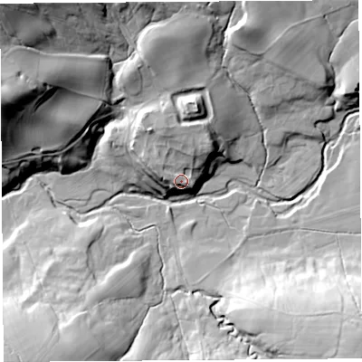 Shaded relief map of the ground around CA66PS, computed from Environment Agency LiDAR. The ground here sits at about 150 m above sea level and falls 43 m across the surrounding 800 m. Surface water reaching this point runs off ground lying to the north-north-west, 5.5 m higher.