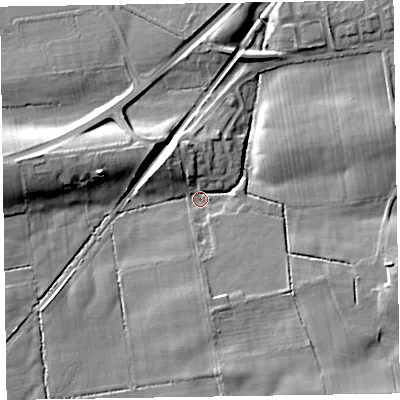 Shaded relief map of the ground around CA70AA, computed from Environment Agency LiDAR. The ground here sits at about 32 m above sea level and falls 15 m across the surrounding 800 m. Surface water reaching this point runs off ground lying to the north-west, 7.5 m higher.
