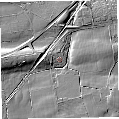 Shaded relief map of the ground around CA70AF, computed from Environment Agency LiDAR. The ground here sits at about 34 m above sea level and falls 15 m across the surrounding 800 m. Surface water reaching this point runs off ground lying to the west, 5.6 m higher.