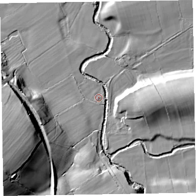 Shaded relief map of the ground around CA70AP, computed from Environment Agency LiDAR. The ground here sits at about 35 m above sea level and falls 35 m across the surrounding 800 m. Surface water reaching this point runs off ground lying to the south-west, 29.5 m higher.