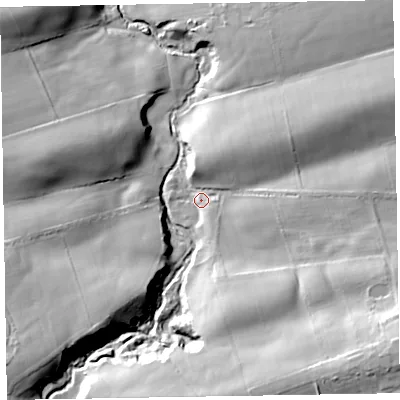 Shaded relief map of the ground around CA70AZ, computed from Environment Agency LiDAR. The ground here sits at about 46 m above sea level and falls 39 m across the surrounding 800 m. Surface water reaching this point runs off ground lying to the south-east, 29.6 m higher.