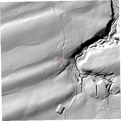 Shaded relief map of the ground around CA70BP, computed from Environment Agency LiDAR. The ground here sits at about 63 m above sea level and falls 33 m across the surrounding 800 m. Surface water reaching this point runs off ground lying to the west-south-west, 5.7 m higher.