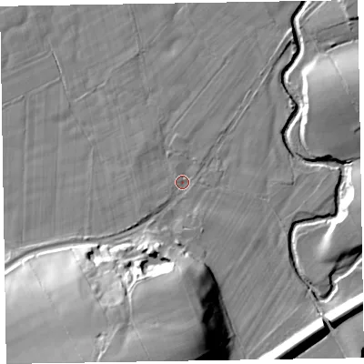 Shaded relief map of the ground around CA70BQ, computed from Environment Agency LiDAR. The ground here sits at about 27 m above sea level and falls 30 m across the surrounding 800 m. Surface water reaching this point runs off ground lying to the south-south-west, 26.4 m higher.