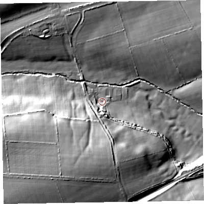 Shaded relief map of the ground around CA70BS, computed from Environment Agency LiDAR. The ground here sits at about 27 m above sea level and falls 39 m across the surrounding 800 m. Surface water reaching this point runs off ground lying to the south, 13.4 m higher.