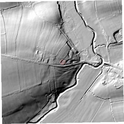Shaded relief map of the ground around CA70DT, computed from Environment Agency LiDAR. The ground here sits at about 29 m above sea level and falls 29 m across the surrounding 800 m. Surface water reaching this point runs off ground lying to the west, 12.6 m higher.