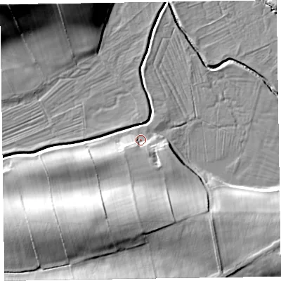 Shaded relief map of the ground around CA70ET, computed from Environment Agency LiDAR. The ground here sits at about 16 m above sea level and falls 20 m across the surrounding 800 m. Surface water reaching this point runs off ground lying to the south-south-east, 4.9 m higher.