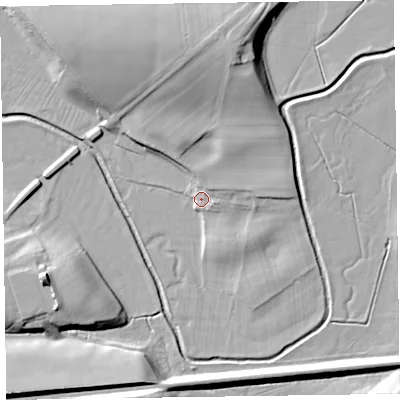 Shaded relief map of the ground around CA70EX, computed from Environment Agency LiDAR. The ground here sits at about 16 m above sea level and falls 17 m across the surrounding 800 m. Surface water reaching this point runs off ground lying to the north-north-east, 5.4 m higher.