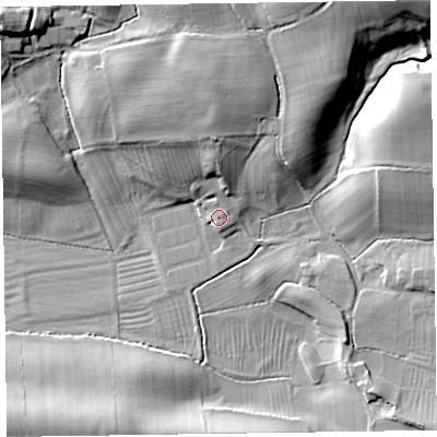 Shaded relief map of the ground around CA70HN, computed from Environment Agency LiDAR. The ground here sits at about 21 m above sea level and falls 26 m across the surrounding 800 m. Surface water reaching this point runs off ground lying to the north, 8.4 m higher.