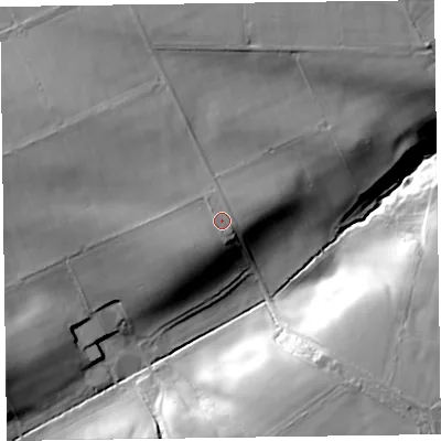 Shaded relief map of the ground around CA70LU, computed from Environment Agency LiDAR. The ground here sits at about 69 m above sea level and falls 38 m across the surrounding 800 m. Surface water reaching this point runs off ground lying to the south-west, 2.5 m higher.