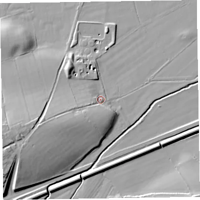 Shaded relief map of the ground around CA70NB, computed from Environment Agency LiDAR. The ground here sits at about 20 m above sea level and falls 22 m across the surrounding 800 m. Surface water reaching this point runs off ground lying to the west-south-west, 14.0 m higher.