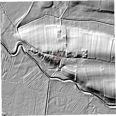 Shaded relief map of the ground around CA70NX, computed from Environment Agency LiDAR. The ground here sits at about 16 m above sea level and falls 15 m across the surrounding 800 m. Surface water reaching this point runs off ground lying to the east, 5.8 m higher.