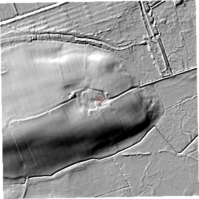 Shaded relief map of the ground around CA70PH, computed from Environment Agency LiDAR. The ground here sits at about 18 m above sea level and falls 17 m across the surrounding 800 m. Surface water reaching this point runs off ground lying to the west-south-west, 6.3 m higher.