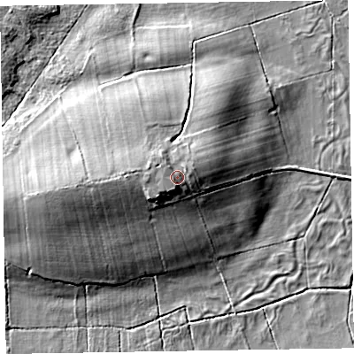 Shaded relief map of the ground around CA70PJ, computed from Environment Agency LiDAR. The ground here sits at about 17 m above sea level and falls 12 m across the surrounding 800 m. Surface water reaching this point runs off ground lying to the west, 1.4 m higher.