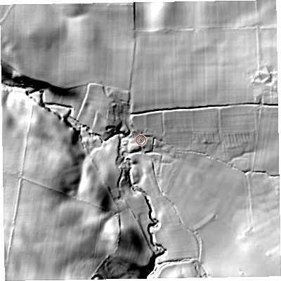 Shaded relief map of the ground around CA71EU, computed from Environment Agency LiDAR. The ground here sits at about 118 m above sea level and falls 34 m across the surrounding 800 m. Surface water reaching this point runs off ground lying to the north-east, 4.7 m higher.