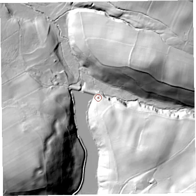 Shaded relief map of the ground around CA71HJ, computed from Environment Agency LiDAR. The ground here sits at about 193 m above sea level and falls 84 m across the surrounding 800 m. Surface water reaching this point runs off ground lying to the south-east, 39.9 m higher.