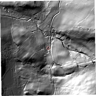 Shaded relief map of the ground around CA71HL, computed from Environment Agency LiDAR. The ground here sits at about 230 m above sea level and falls 131 m across the surrounding 800 m. Surface water reaching this point runs off ground lying to the east-south-east, 25.1 m higher.