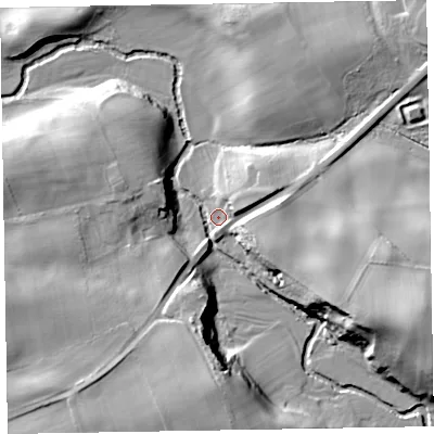 Shaded relief map of the ground around CA71JX, computed from Environment Agency LiDAR. The ground here sits at about 82 m above sea level and falls 31 m across the surrounding 800 m. Surface water reaching this point runs off ground lying to the east-south-east, 25.8 m higher.