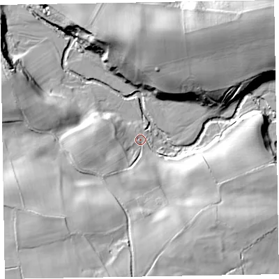 Shaded relief map of the ground around CA71JY, computed from Environment Agency LiDAR. The ground here sits at about 88 m above sea level and falls 32 m across the surrounding 800 m. Surface water reaching this point runs off ground lying to the south, 26.2 m higher.