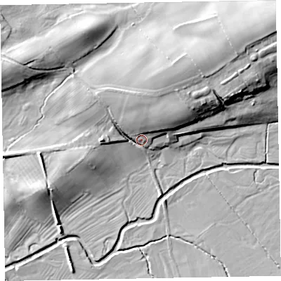 Shaded relief map of the ground around CA72EG, computed from Environment Agency LiDAR. The ground here sits at about 55 m above sea level and falls 24 m across the surrounding 800 m. Surface water reaching this point runs off ground lying to the north-north-east, 12.2 m higher.