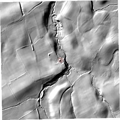 Shaded relief map of the ground around CA72EH, computed from Environment Agency LiDAR. The ground here sits at about 65 m above sea level and falls 24 m across the surrounding 800 m. Surface water reaching this point runs off ground lying to the south-south-west, 9.7 m higher.