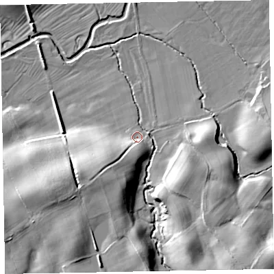 Shaded relief map of the ground around CA72EQ, computed from Environment Agency LiDAR. The ground here sits at about 53 m above sea level and falls 22 m across the surrounding 800 m. Surface water reaching this point runs off ground lying to the south-west, 11.8 m higher.